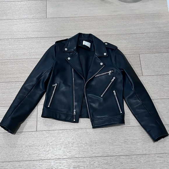 NWOT 7 for All Mankind Classic Black Leather Moto Jacket for Women Size Small - Picture 1 of 8